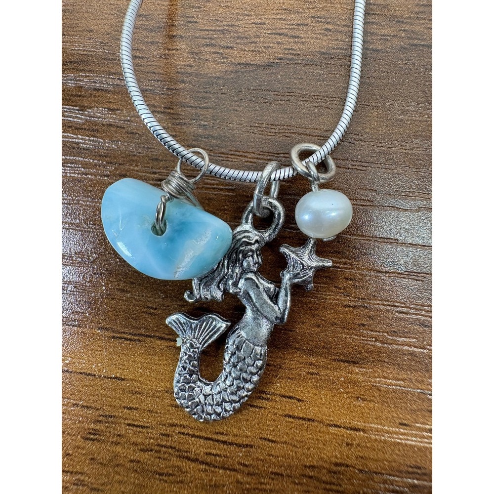 Vintage Italian 925 Sterling Silver Mermaid Necklace with Larimar Stone